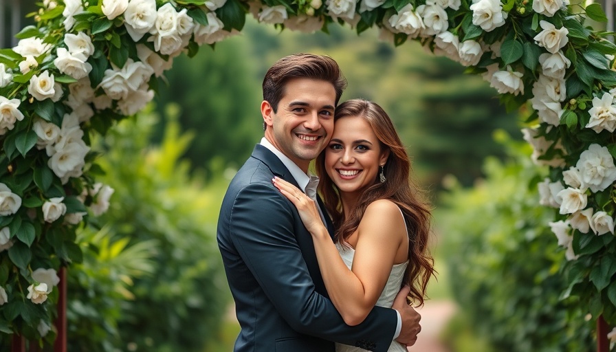 Elegant couple at classic summer wedding venue with floral arch.