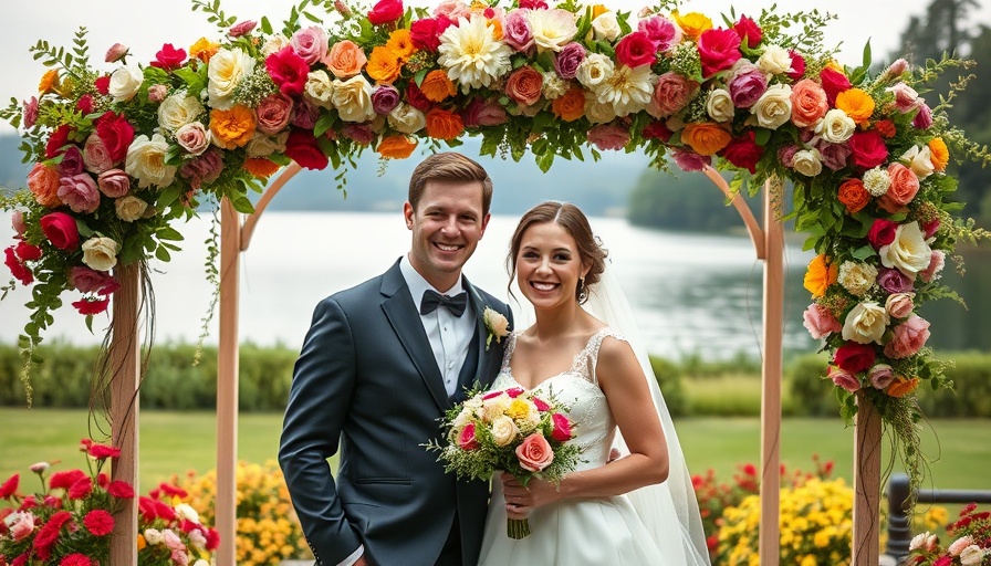 Garden wedding couple at lake house with floral arch