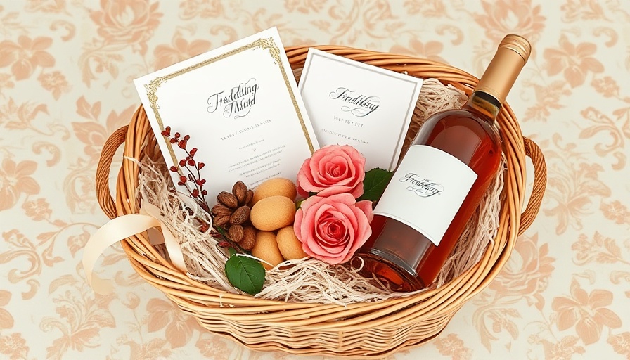 Elegant wedding basket with rosé wine and invites, Garden Fresh Weddings.