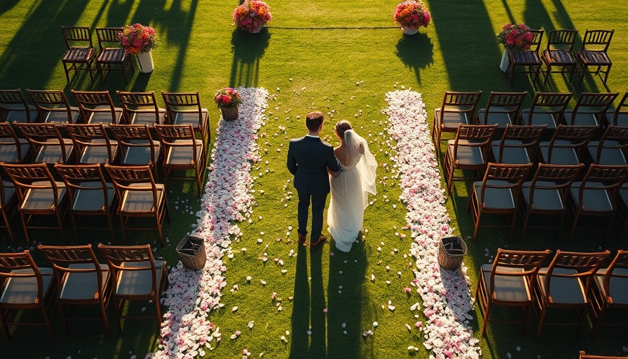 Oceanfront wedding venue with a bride and groom walking down an aisle.