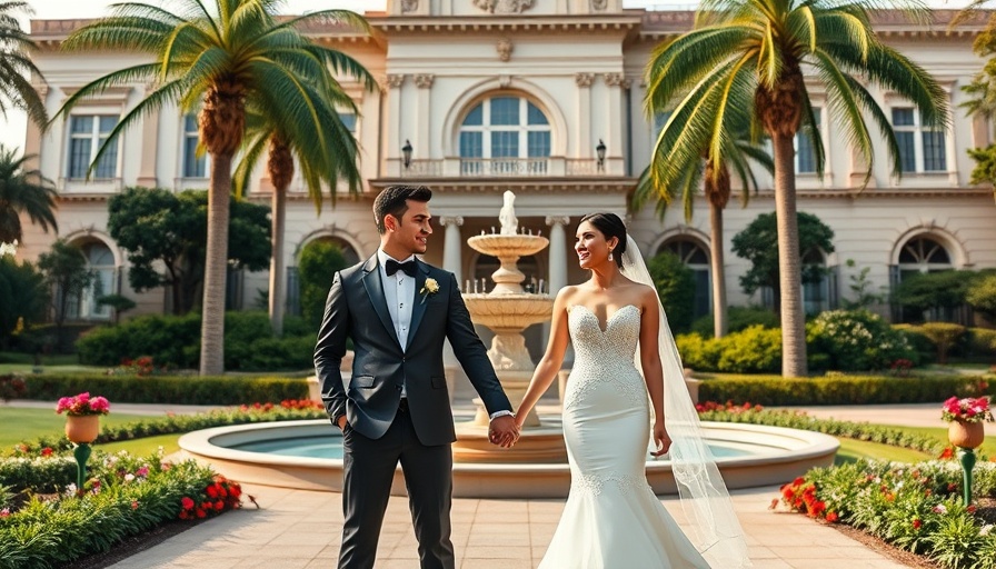Wedding decor trends featuring elegant couple at historic venue.
