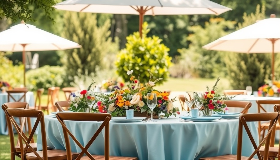Elegant wedding vendor setup outdoors with floral centerpieces.