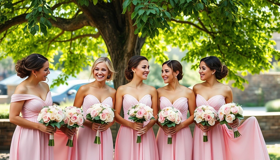 Elegant summer wedding scene with bridesmaids in pink dresses by the water.