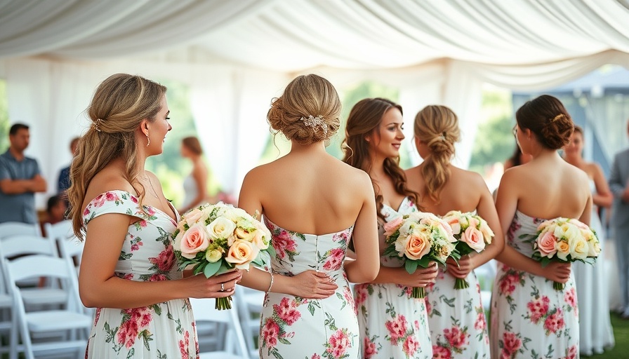 Bridesmaids with elegant floral bouquets at tented wedding celebrations.