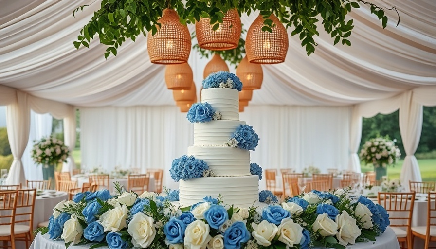 Elegant wedding reception with cake and floral decorations under tent.