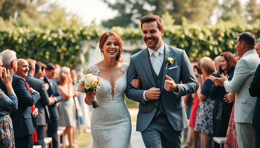 Bride and groom celebrate at beautiful outdoor wedding venue.