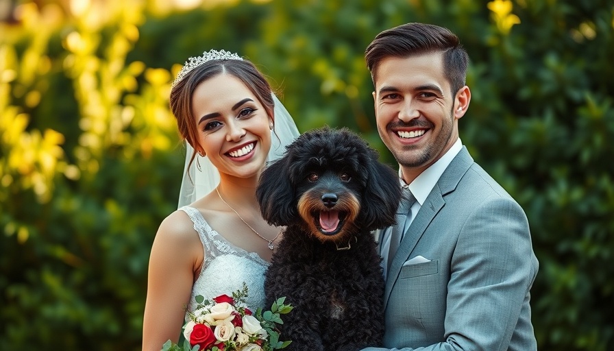 Mountain top wedding venue with a joyful couple and a poodle.
