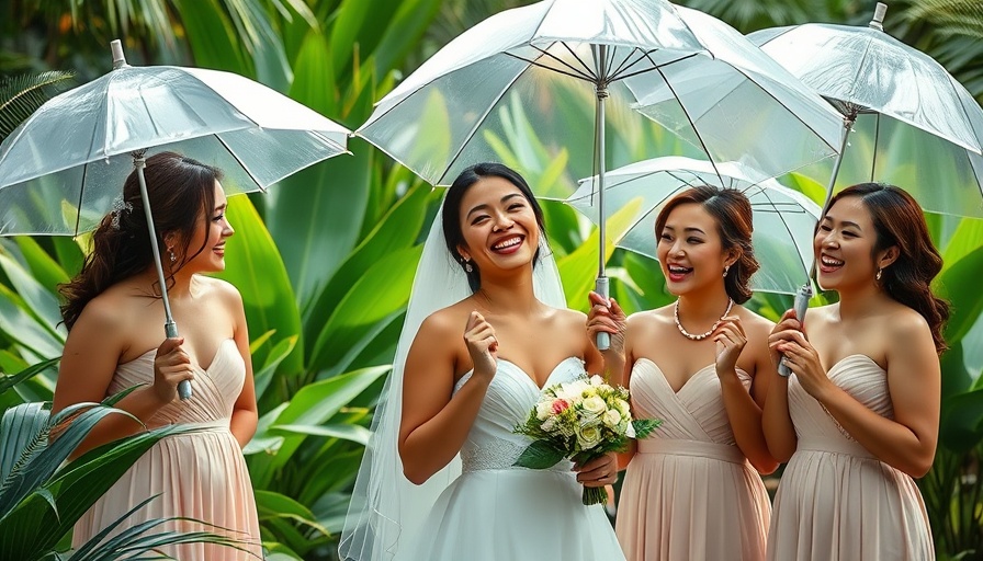 Tropical garden wedding at Villa Astor featuring a joyful bridal party.