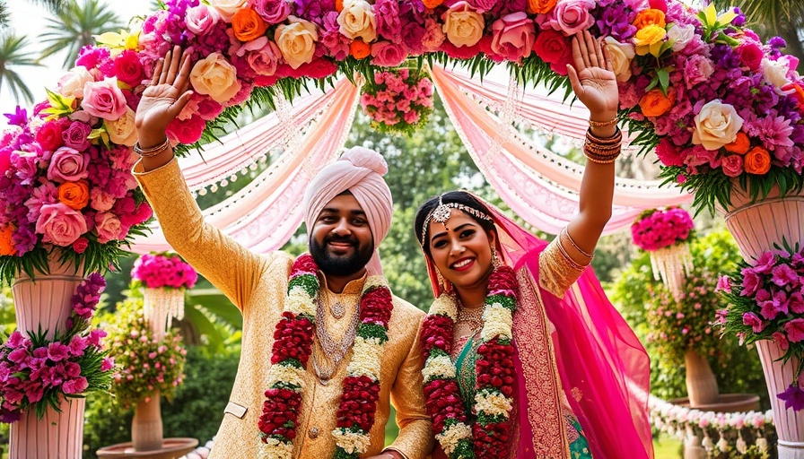 Exuberant cultural wedding with vibrant floral decor under an arch.