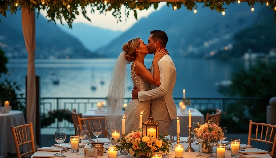 Romantic Lake Como wedding couple kissing.
