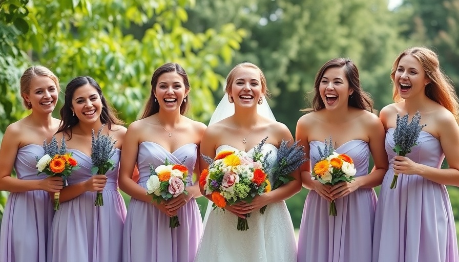 Bridal party with marigold and lavender bouquets in a garden setting.