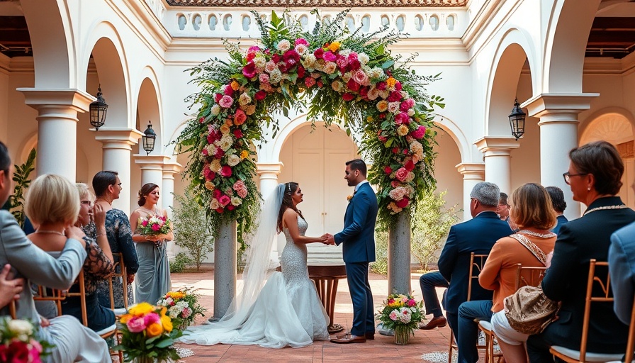 Elegant outdoor wedding ceremony with floral arch and wedding vendors.