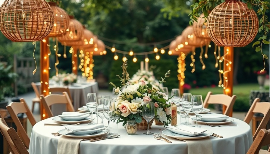 Rustic wedding table with floral decor and wicker lights