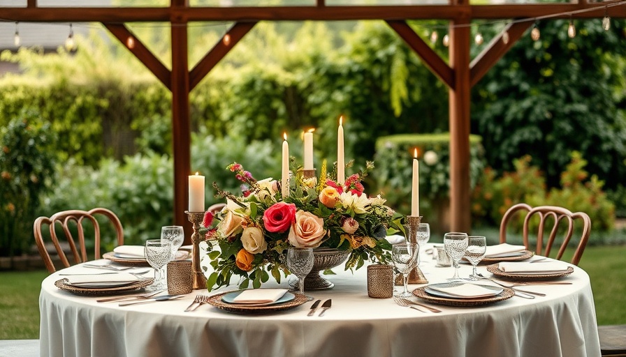 Elegant wedding venue with floral table setting outdoors.