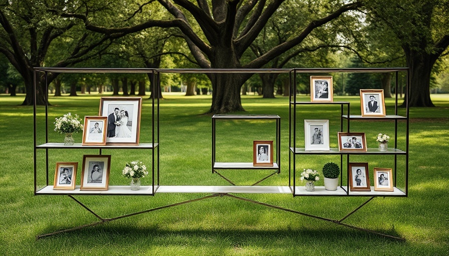 Organic tented wedding display with photo frames and decor.