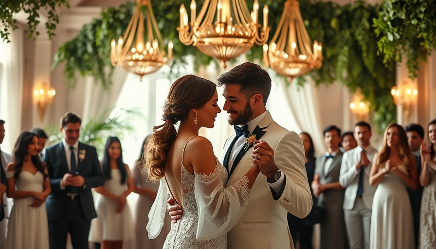 Elegant elevated garden party wedding scene with a dancing couple.