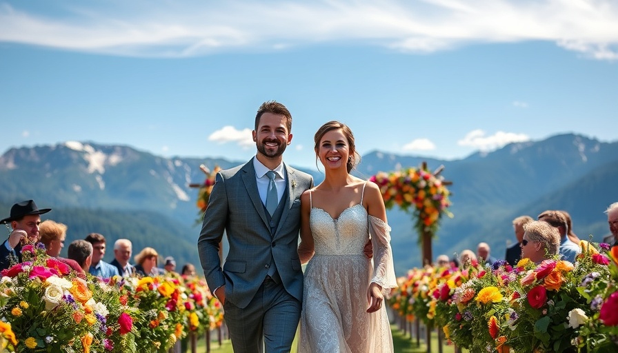 Mountain wedding venue River Bottoms Ranch with smiling couple