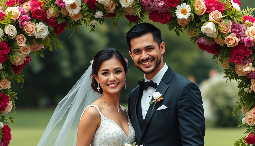 Colorful Spring Wedding Flowers framing elegant couple outdoors.