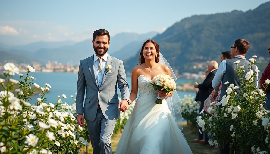 Elegant wedding decor with couple by a lake, mountain view.