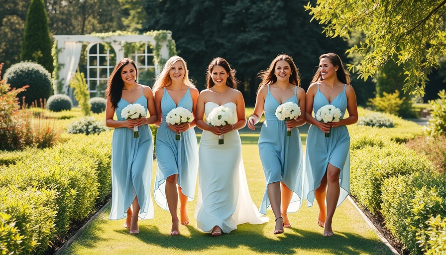 Bridal party with white florals walking on a sunlit path.