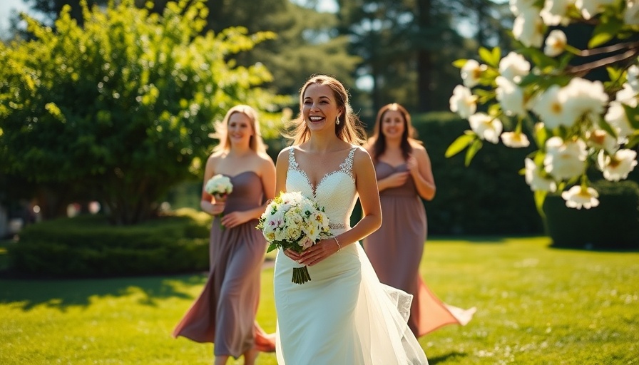 Bride and bridesmaids enjoying a sunny day at wedding venue.
