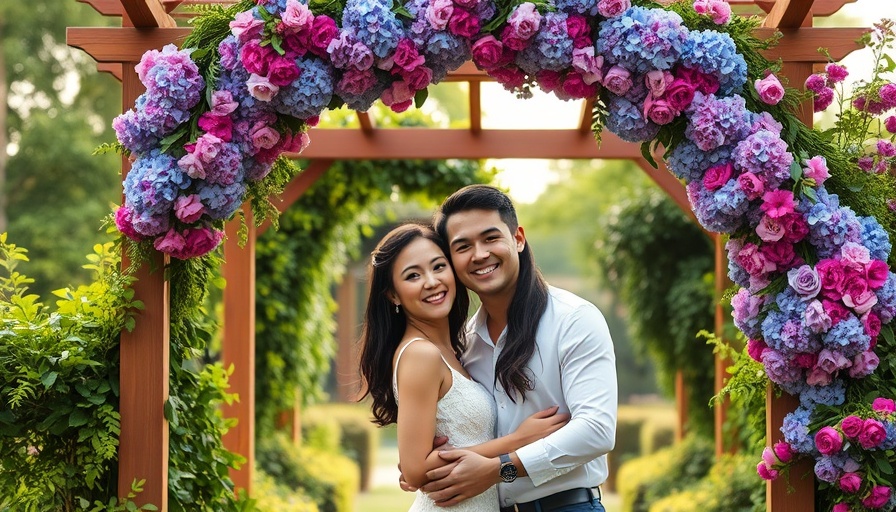 Elevated Wedding Aesthetic: Couple under floral archway in lush setting.