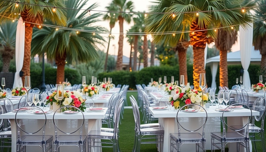 Chic destination wedding in Palm Springs with elegant outdoor setup.