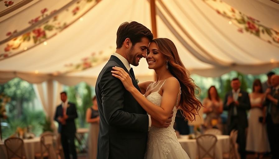 Couple dancing at autumn wedding under sailcloth tent.