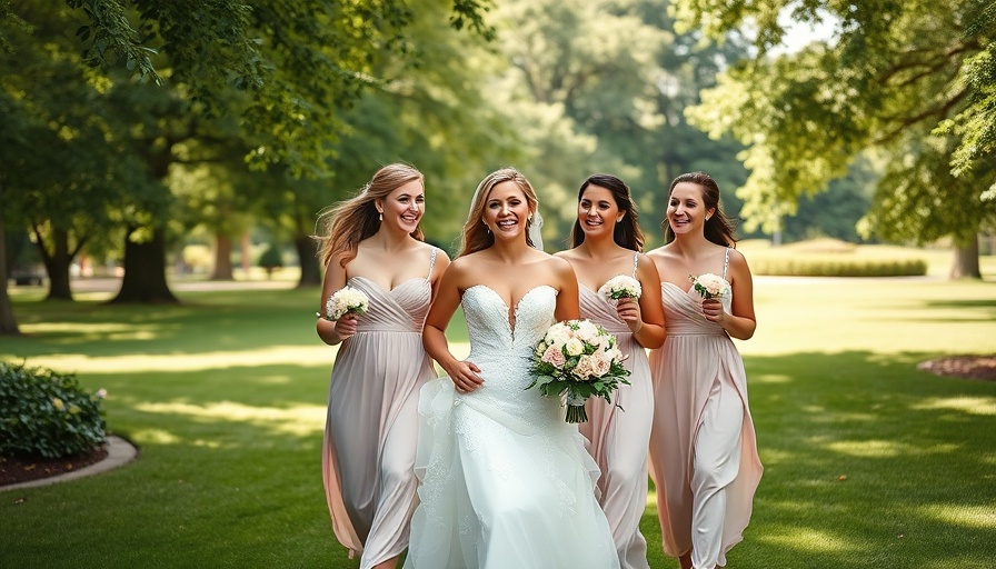 Joyful bridal party walking in a park, vibrant photo showcasing wedding vendors.