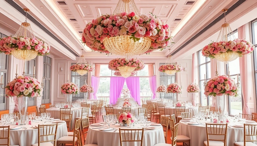 California inspired wedding reception with floral chandeliers