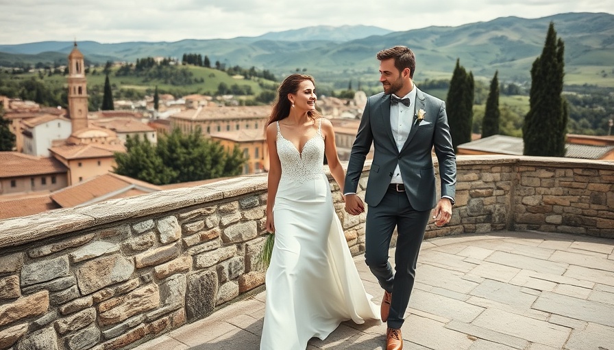 Elegant couple at a Florence wedding venue, scenic backdrop.