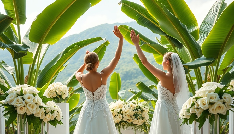 Intimate luxury wedding with brides celebrating, lush backdrop.