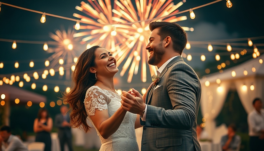 Couple at stunning summer destination wedding with fireworks.