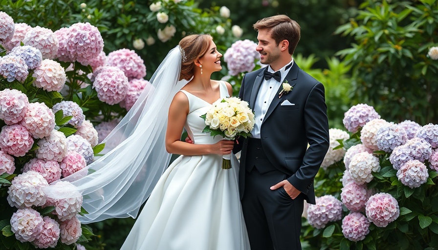 Elegant wedding couple sharing a joyful moment in a lush garden