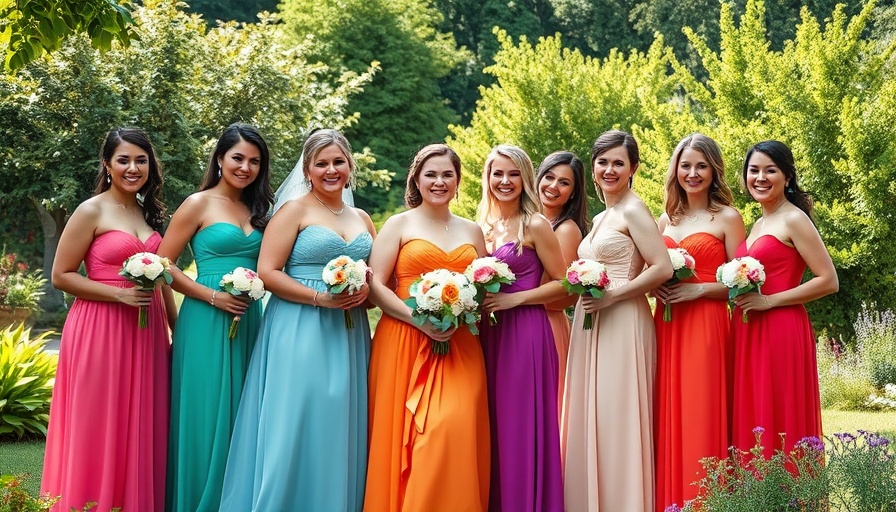 Bridal party in bright dresses at garden party wedding.