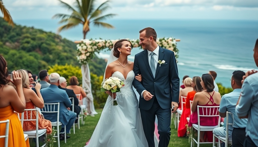 Modern coastal wedding celebration with elegant couple walking down the aisle.