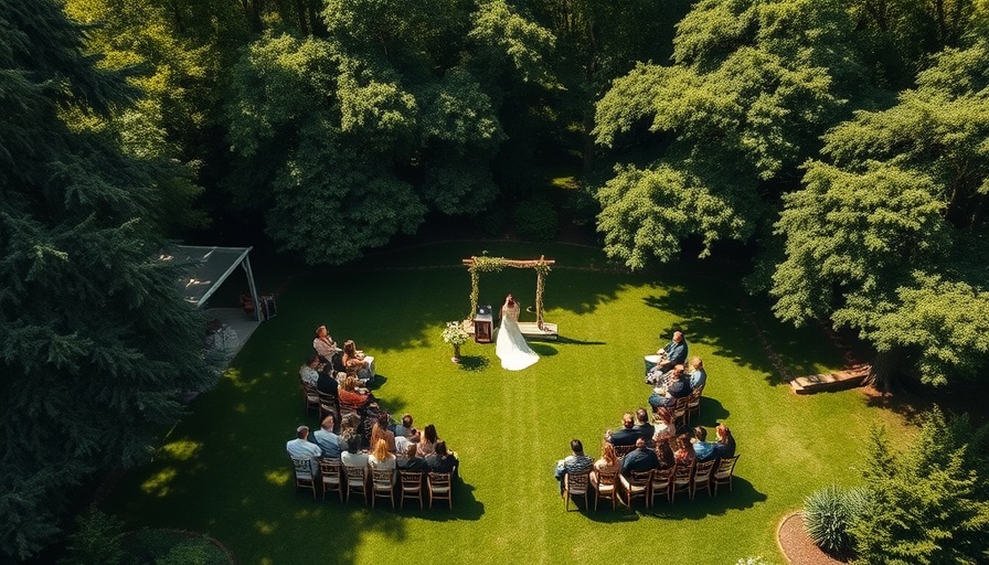 Aerial view of a lush backyard wedding ceremony scene.