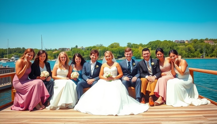 Summer wedding party celebrating on a dock by the water.