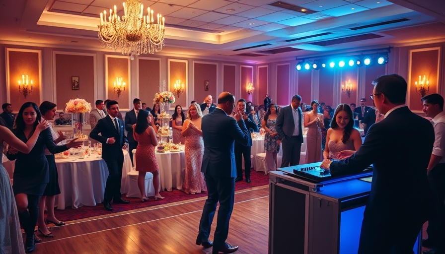 Wedding reception with DJ and dancing guests under soft lighting.