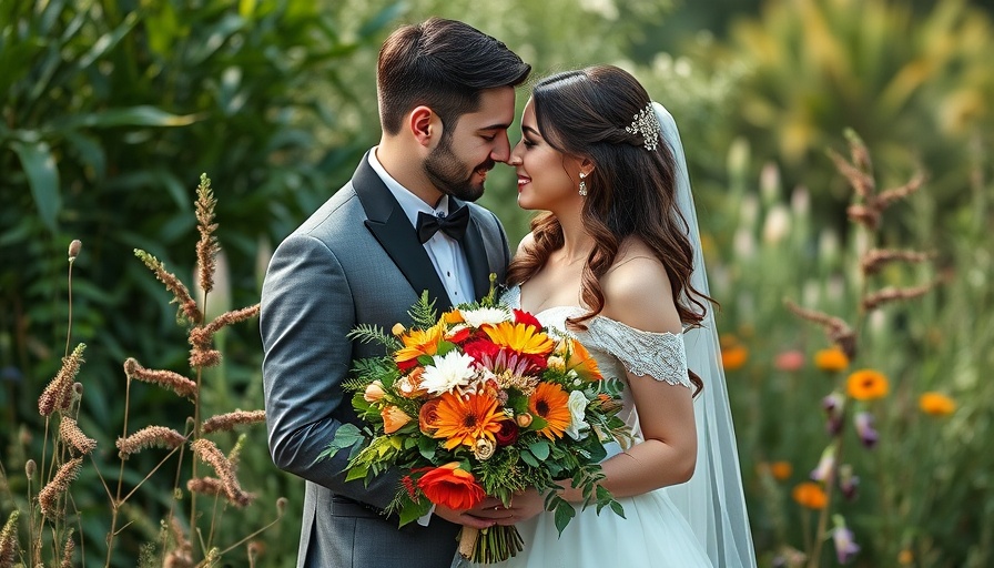 Tropical garden wedding with vibrant bouquet and lush backdrop.