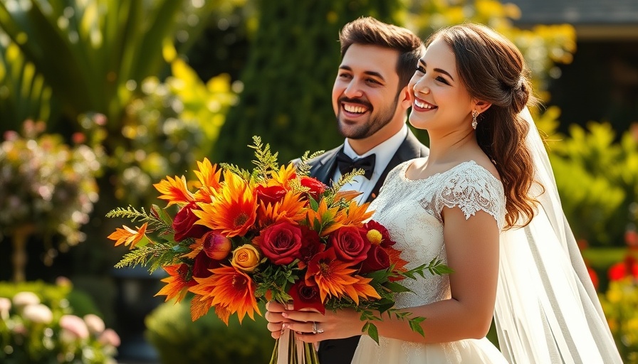 Elegant couple with vibrant autumn bouquet for autumn wedding inspirations