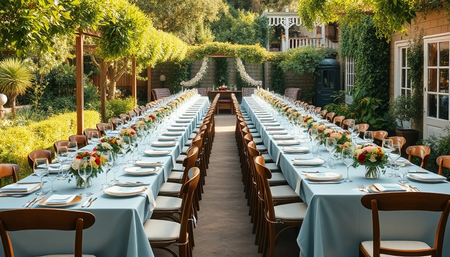 Outdoor wedding vendor setup with elegant table arrangements.