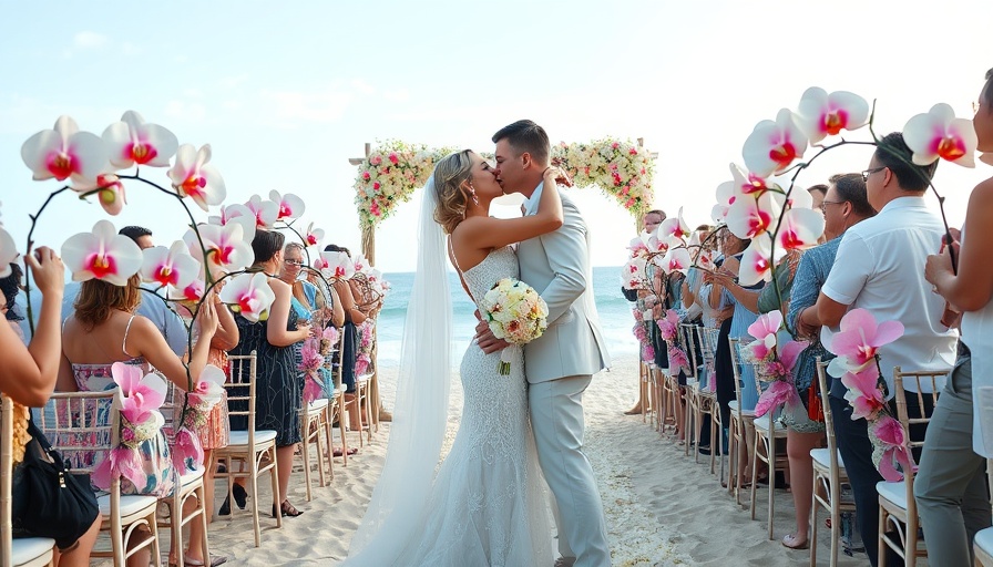 Riviera Maya beach wedding with orchids, couple kissing.