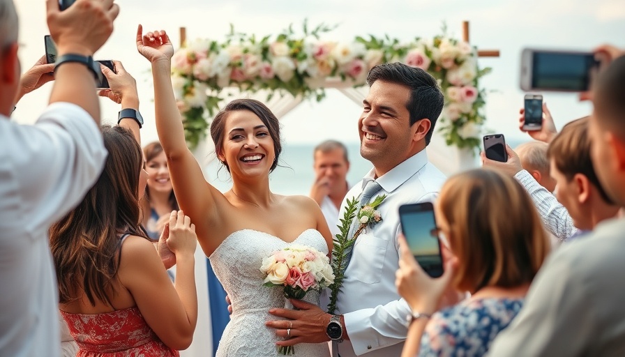 Joyful newlywed couple with wedding vendors background.