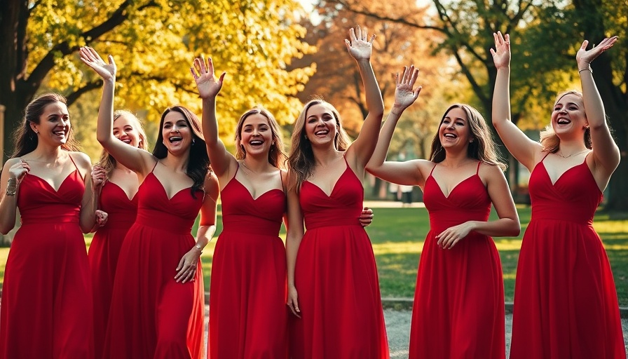 Bridesmaid dress under $50: Women in red dresses celebrating outdoors.