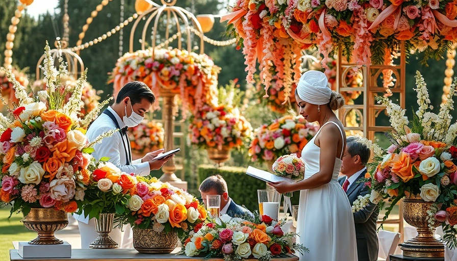 Wedding vendors arranging decorations in a garden setting.