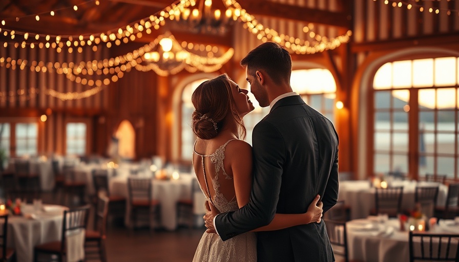 Sunset Palette Fall Wedding: couple admiring illuminated venue.