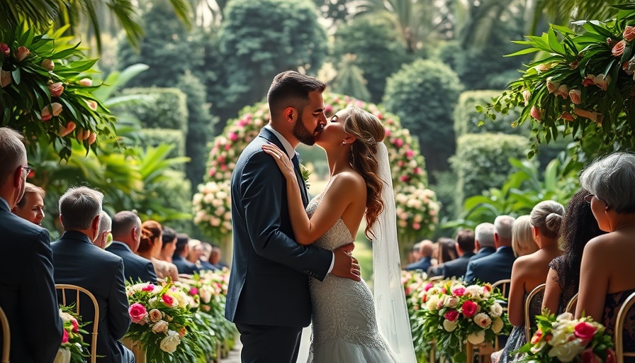 Elegant garden wedding with couple kissing, surrounded by guests.