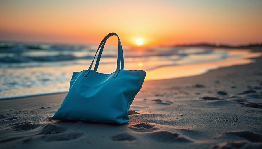 Versa Tote for Brides in light blue on a beach during sunset.