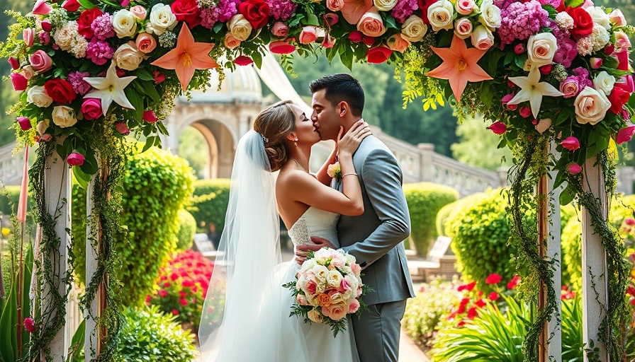 Playful pink wedding couple kissing under floral arch in garden.